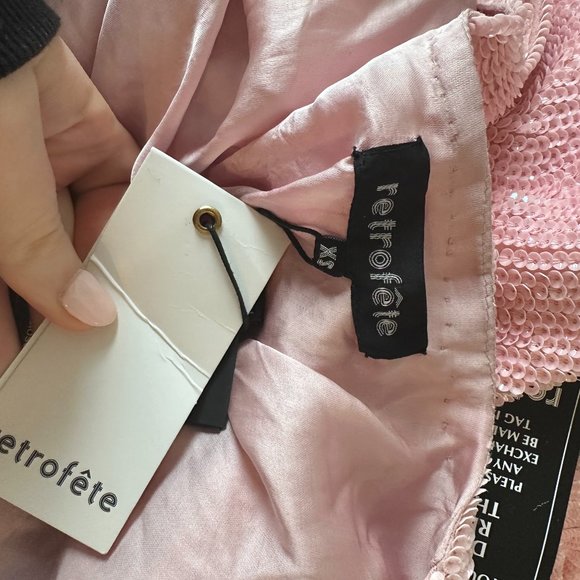 Retrofete Gabrielle Sequin Robe Wrap Mini Dress Sz XS Dusty Rose Blouson Sleeves - Picture 3 of 15